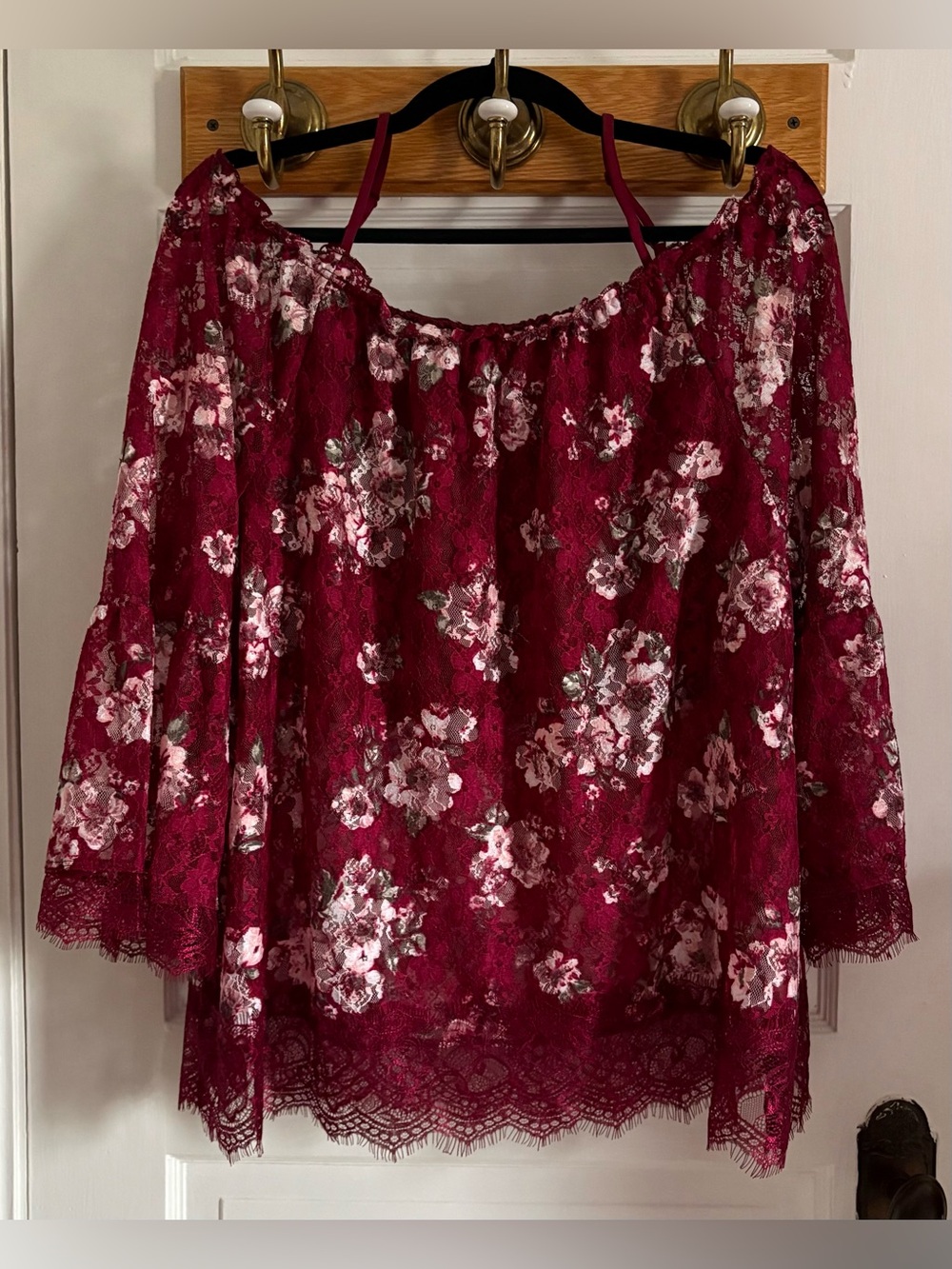 No Boundaries Burgundy Floral Lace Off Shoulder Top - Juniors 3XL (21)